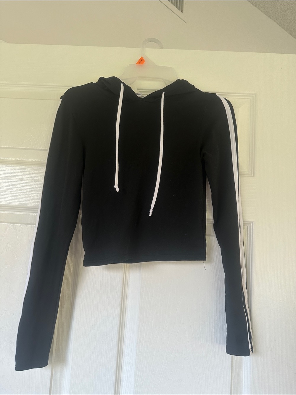 Charlotte Russe Black Cropped Hoodie with White Stripe Accents